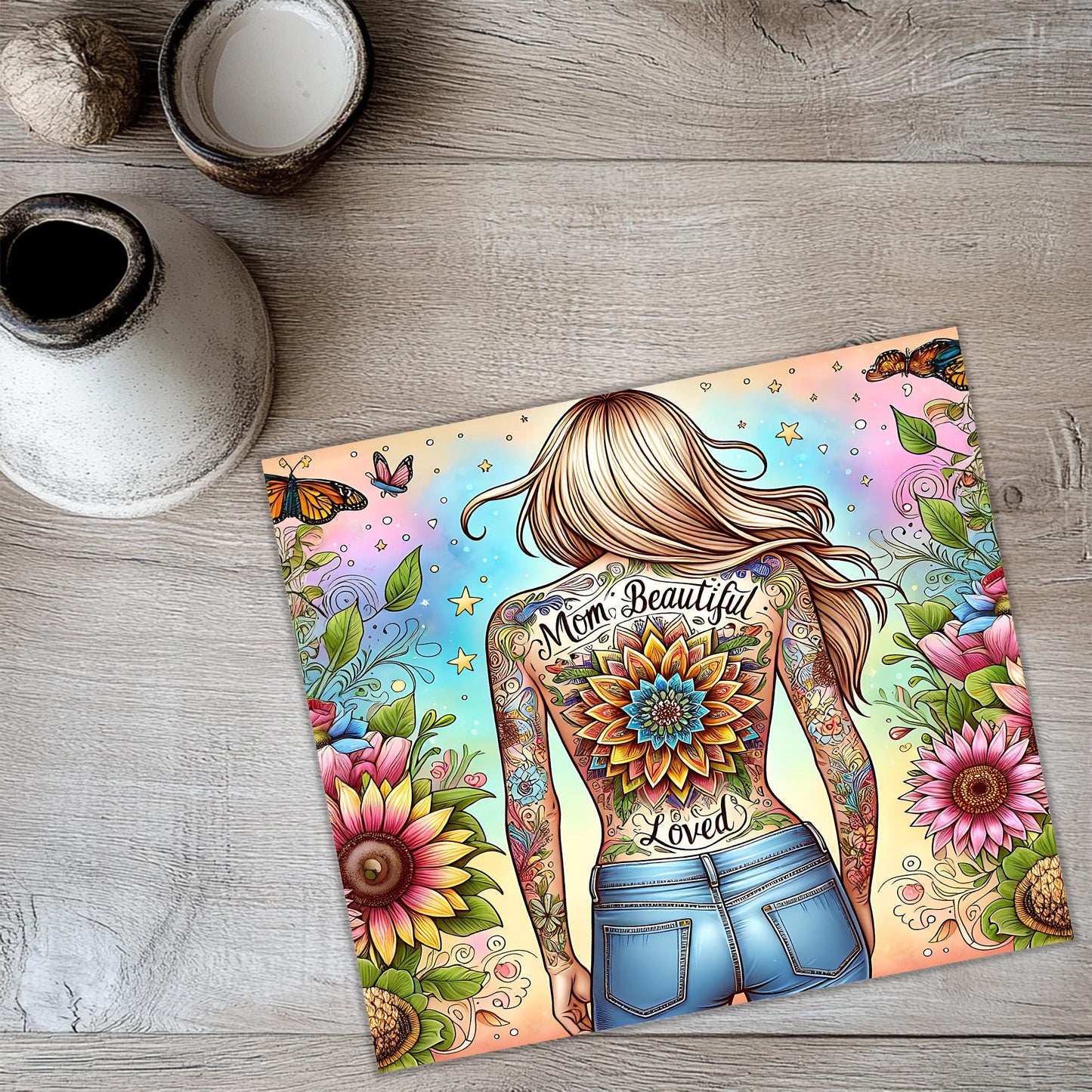 a picture of a girl with a sunflower tattoo on her back
