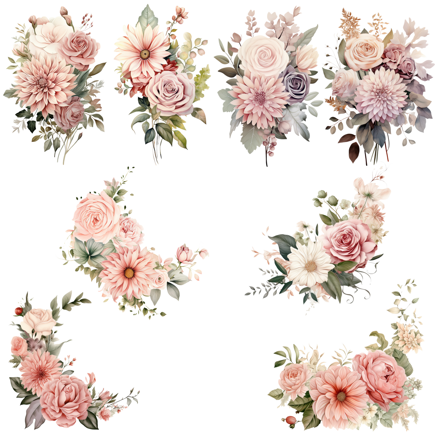 Dusty Rose and Sage Watercolor Clipart PNG
