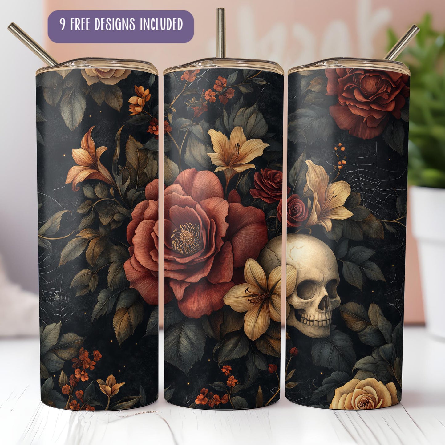 a set of three coffee mugs decorated with flowers and a skull