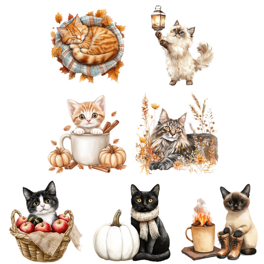 nine illustrations of cats, each depicting a different scene related to autumn and cozy indoor activities.