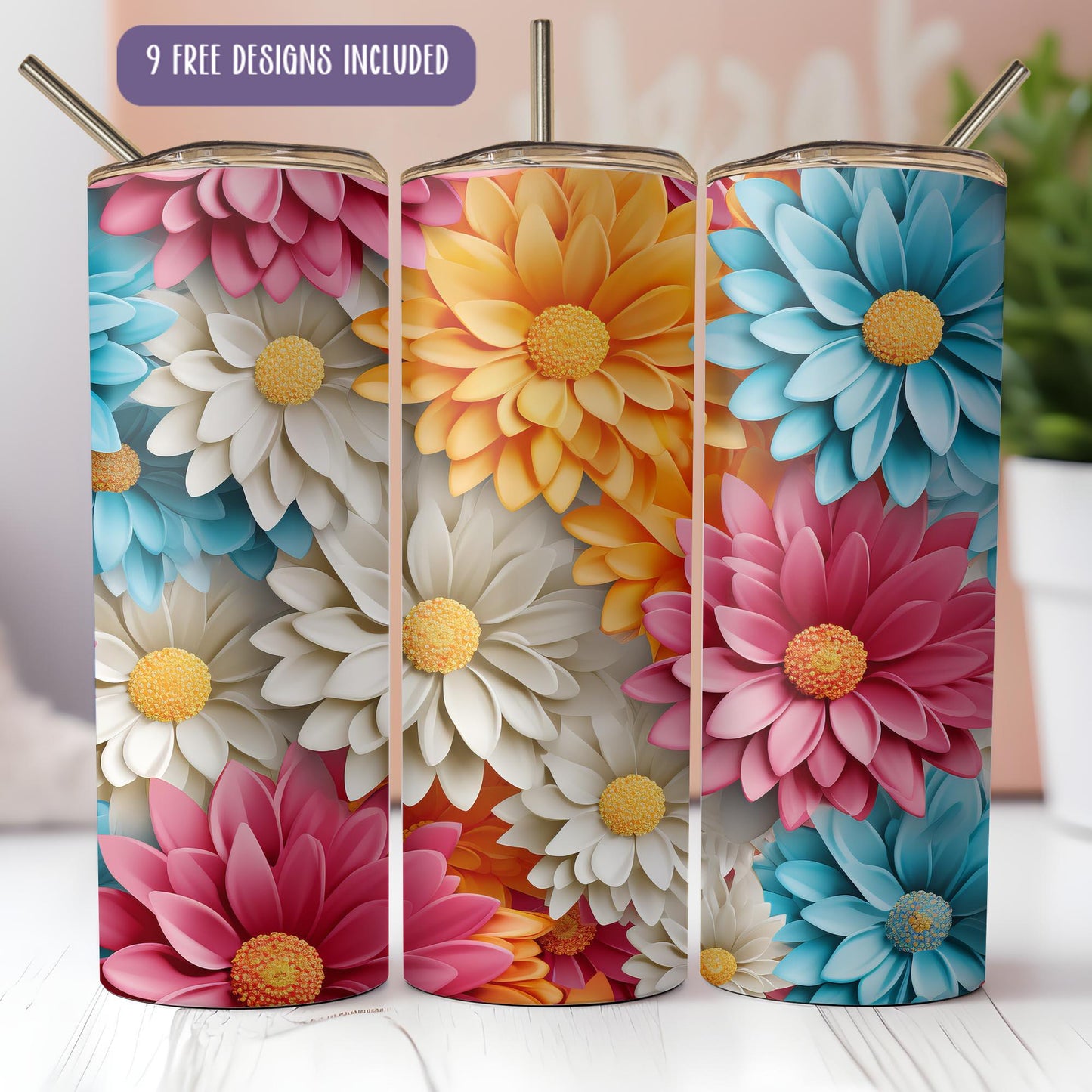 a set of three colorful flower vases sitting on top of a table