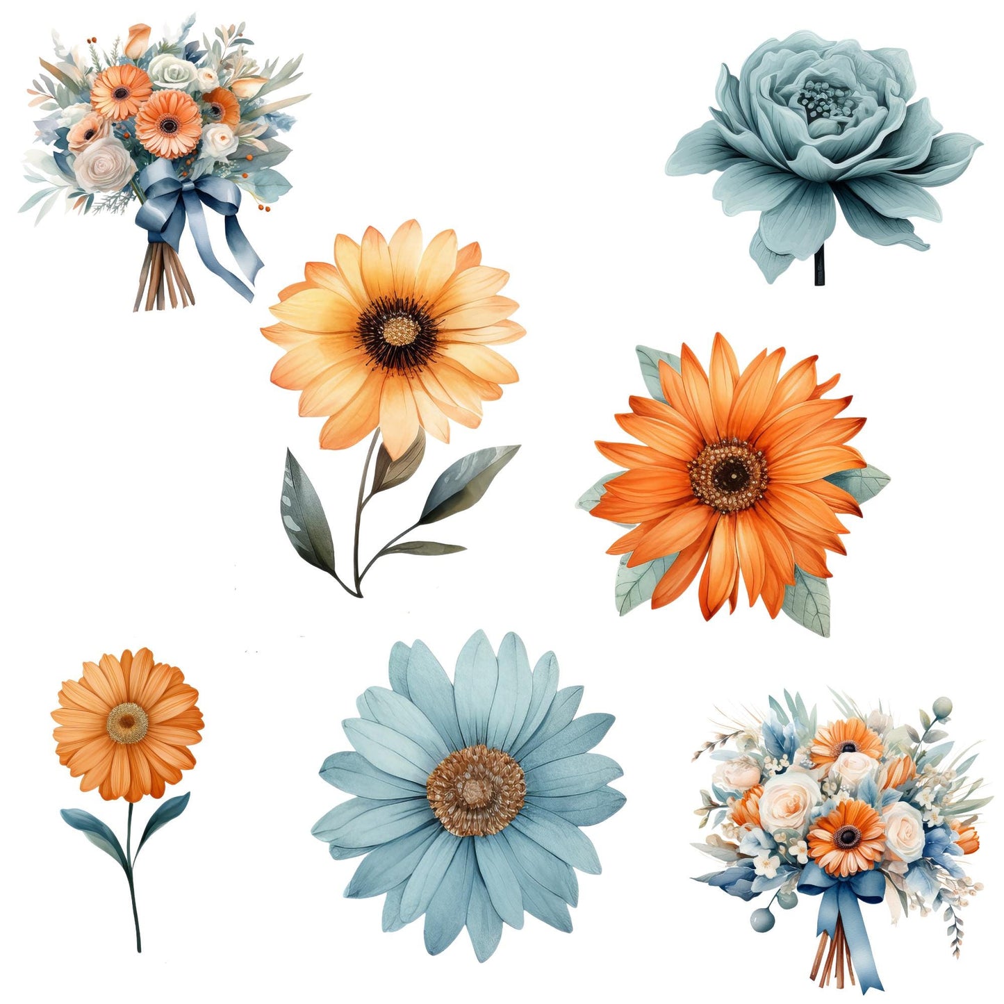 Rustic Terracotta & Dusty Blue Floral Clipart