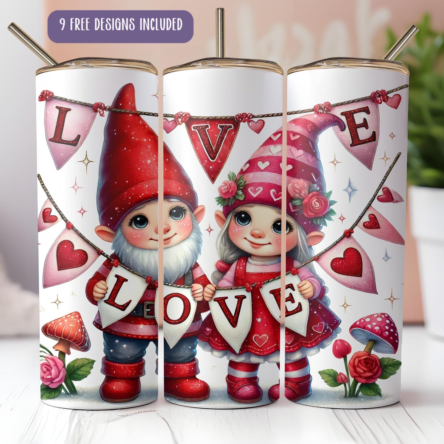 a couple of cute little gnomes holding a love sign