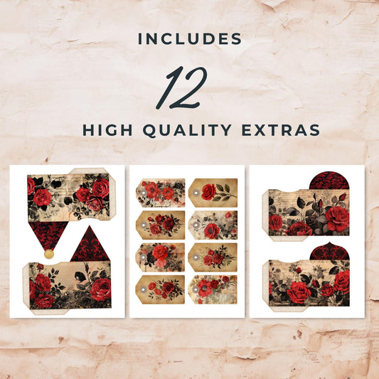 Red and Black Floral Junk Journal Tags and Envelopes