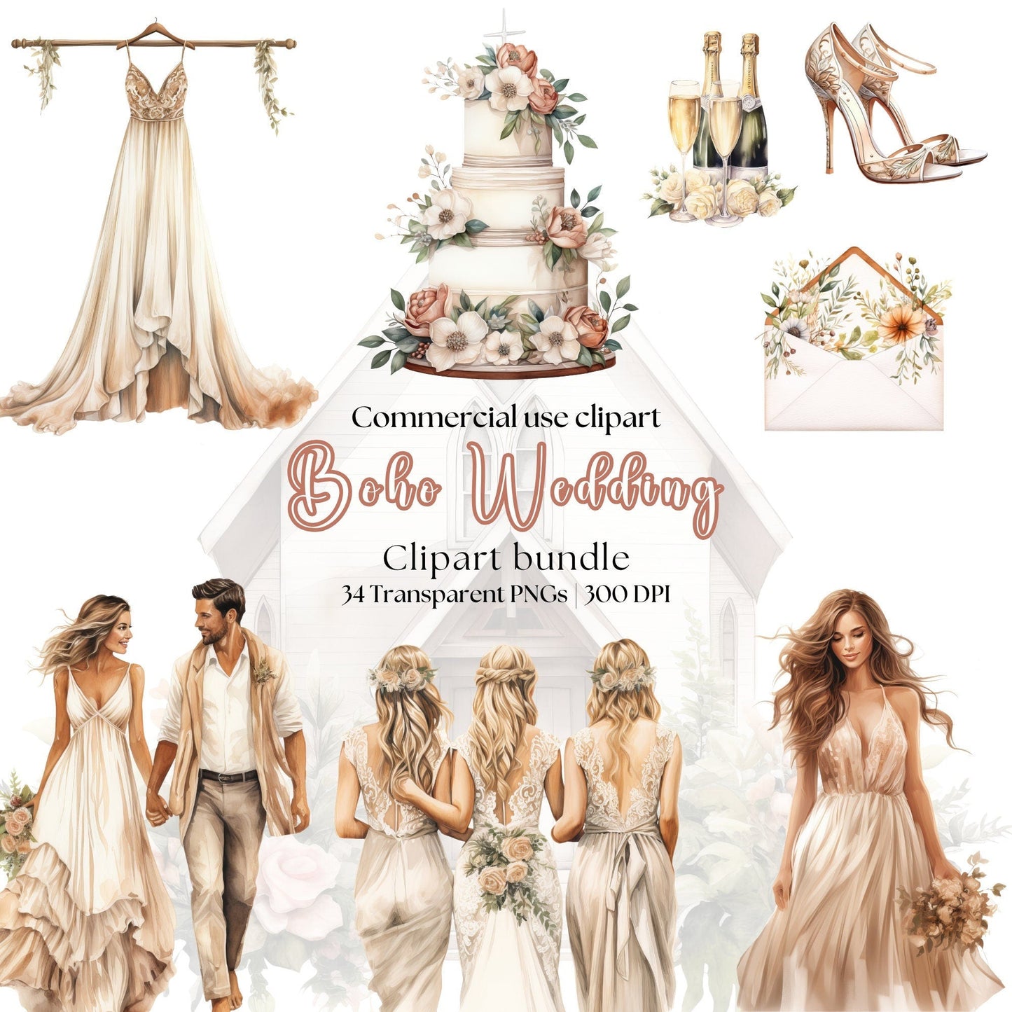 Watercolor Boho Wedding Clipart