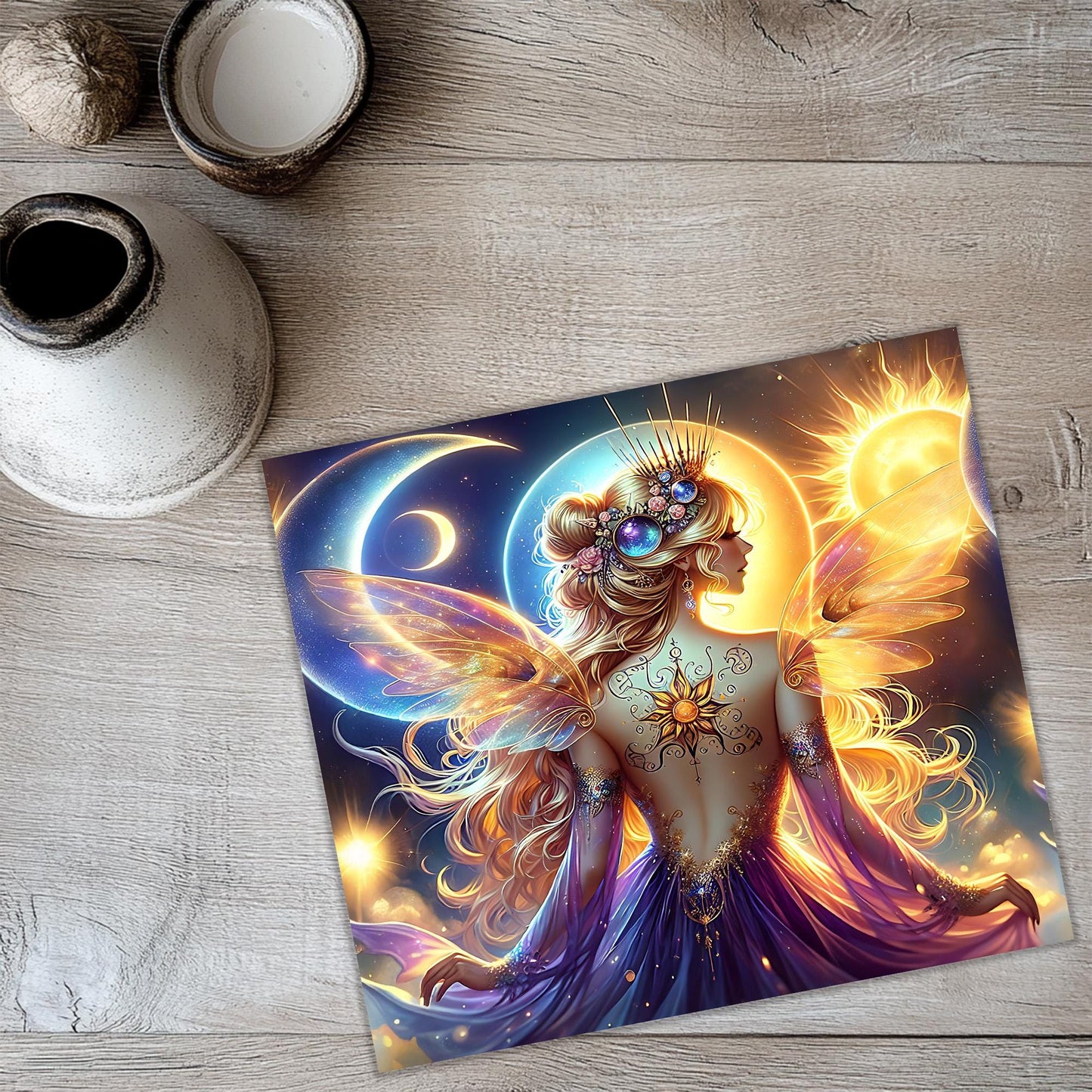 a painting of a fairy sitting on top of a table
