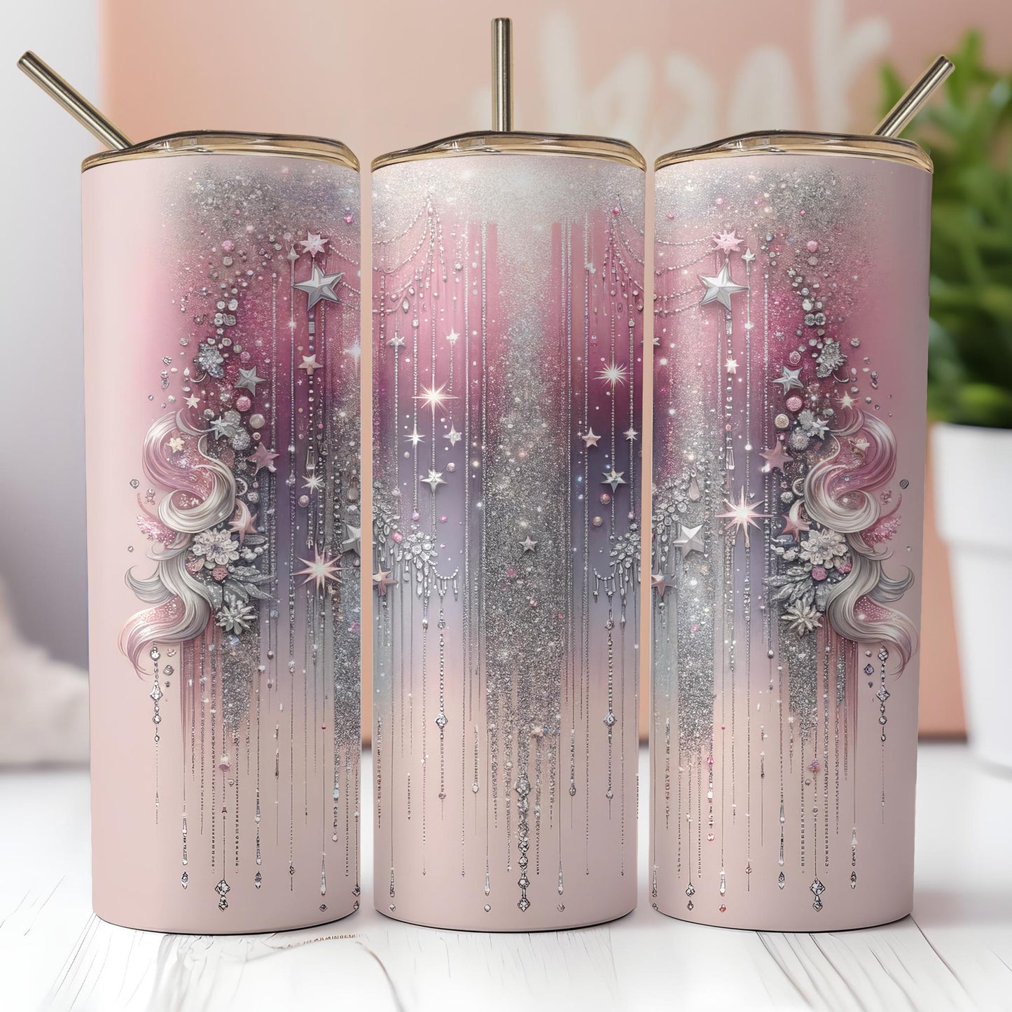 a couple of pink and silver canisters sitting on top of a table