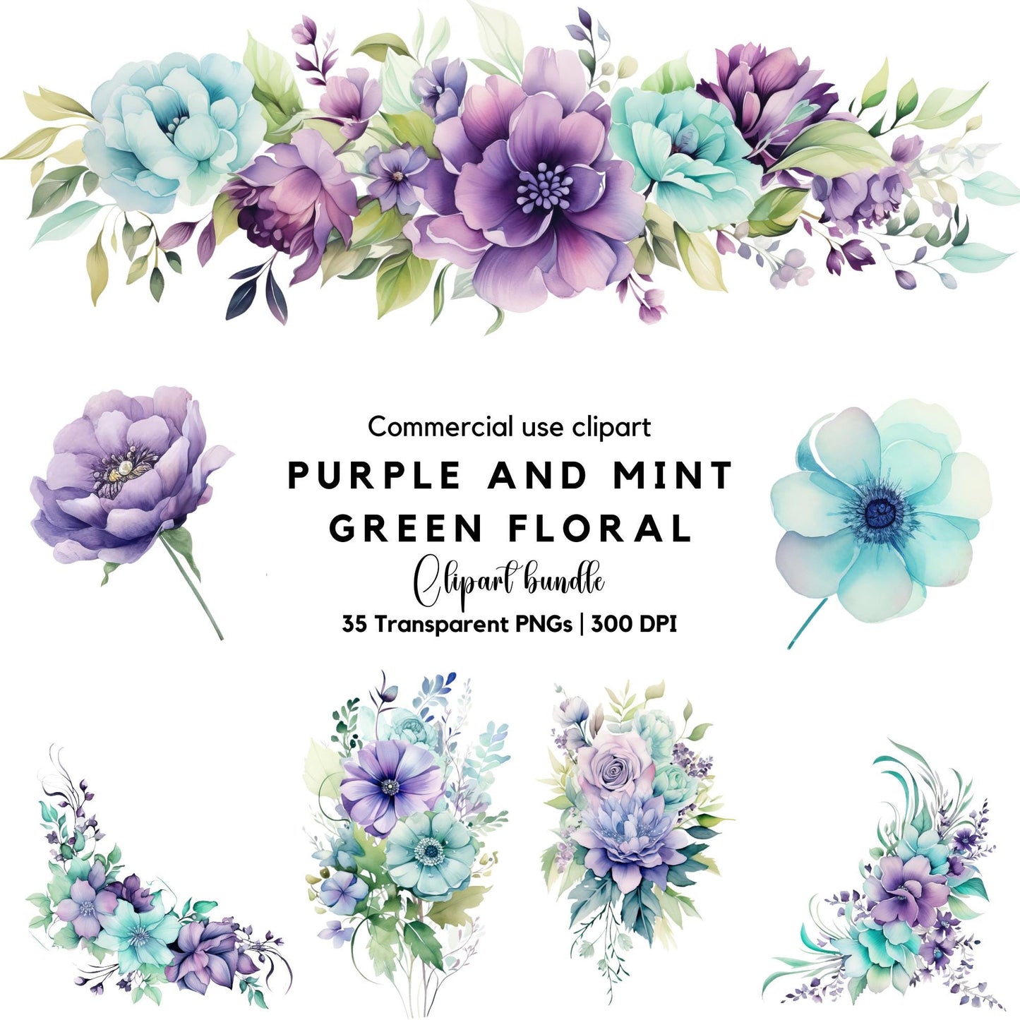 Purple and Mint Green Floral Clipart