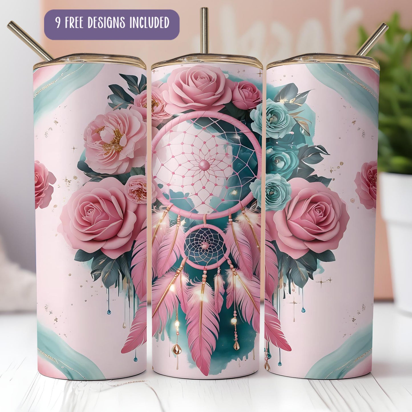 a set of three pink and blue flowers and a dream catcher