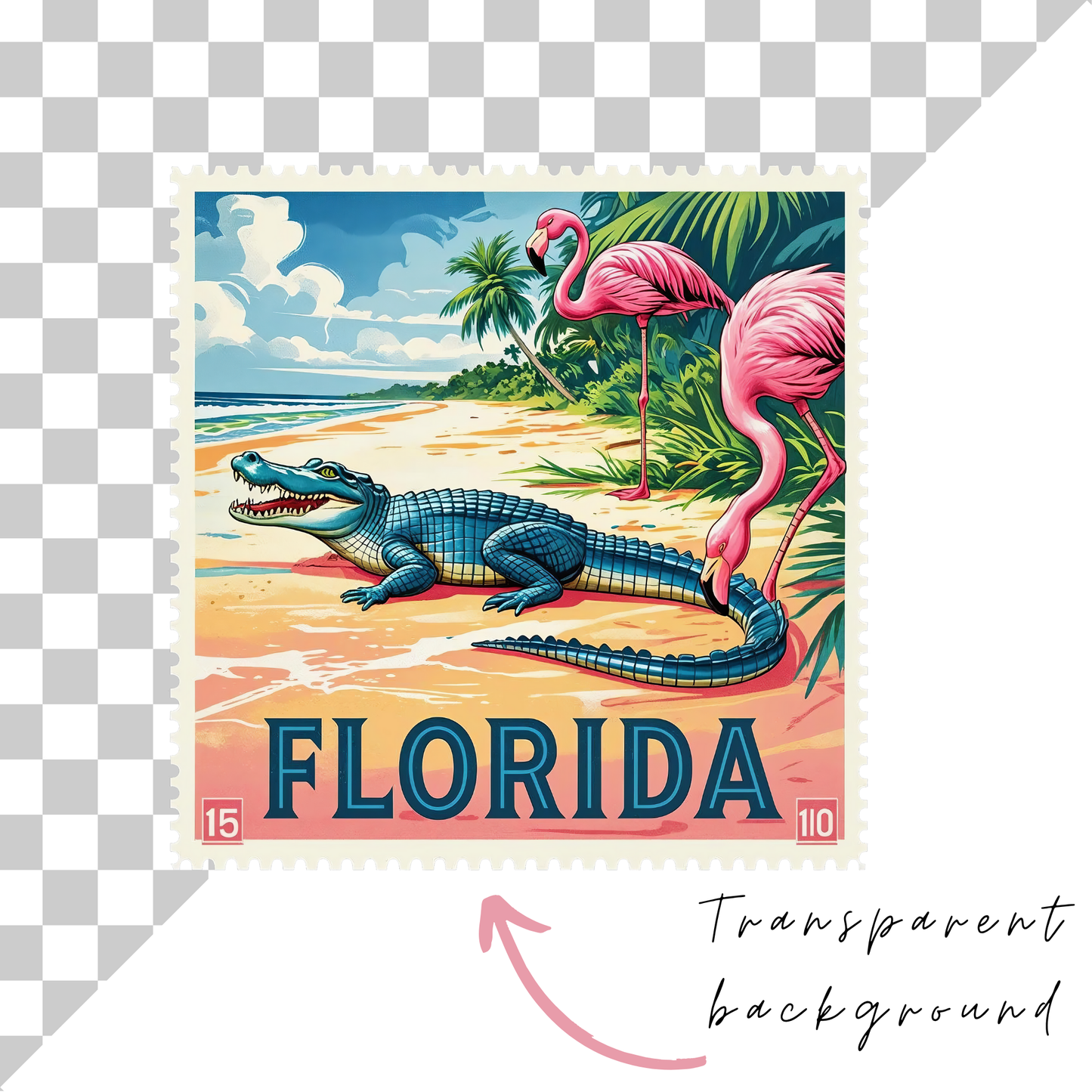 a postage stamp with an image of a crocodile and flamingos