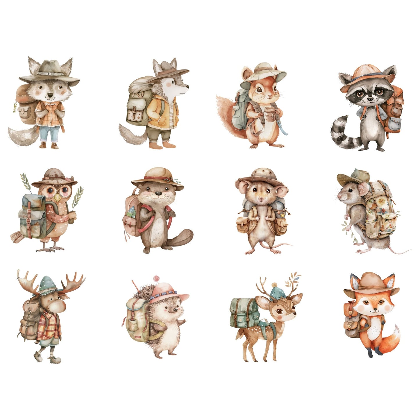 Watercolor Woodland animals go camping clipart
