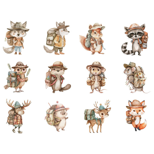 Watercolor Woodland animals go camping clipart