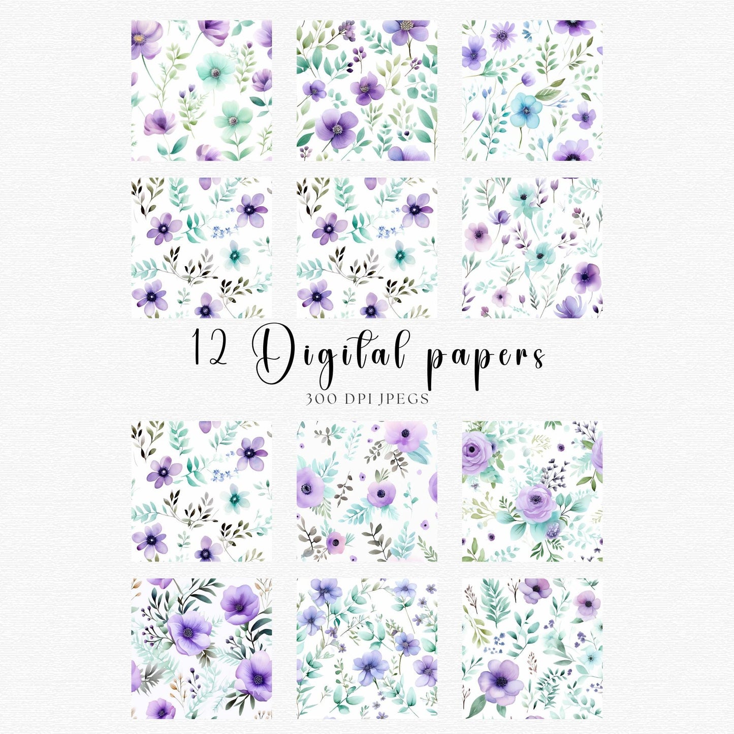 Purple and Mint Green Floral Digital Papers