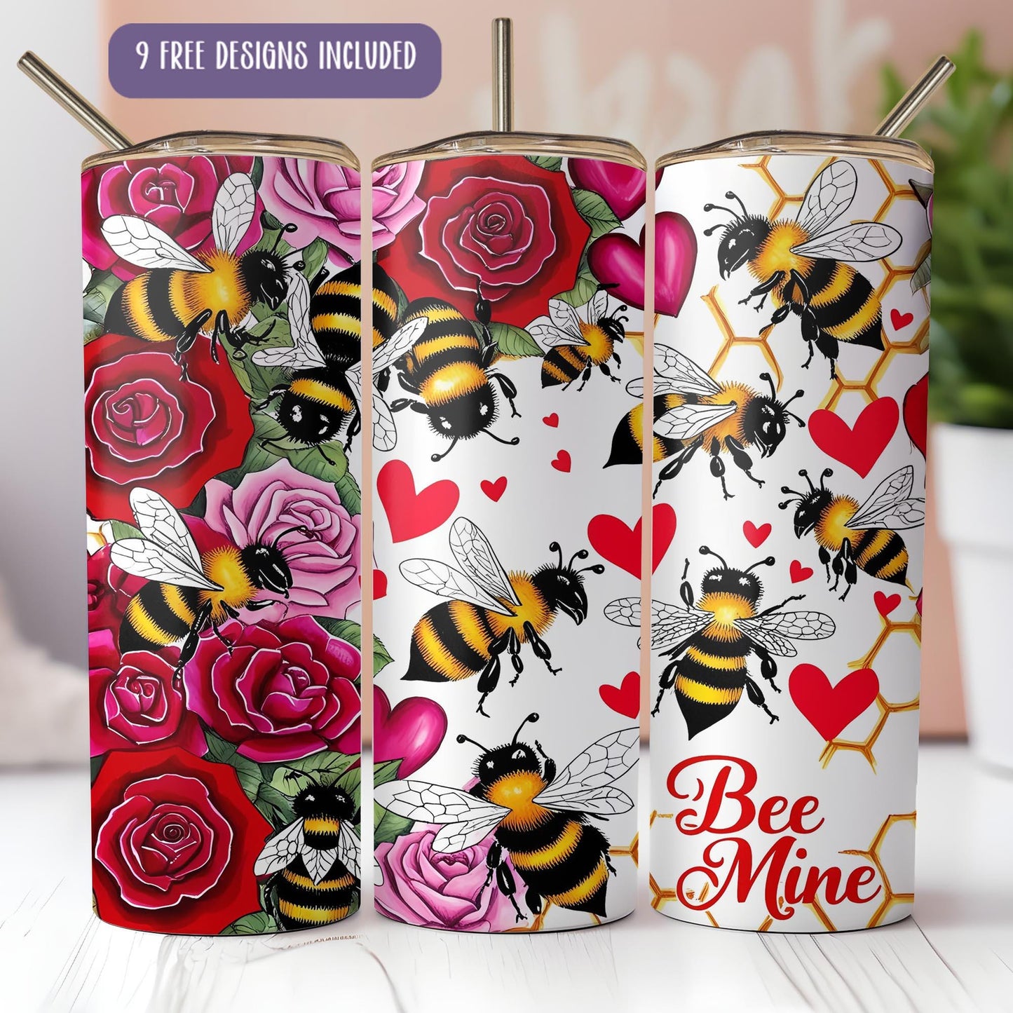 a set of three tumbles with bees and roses on them