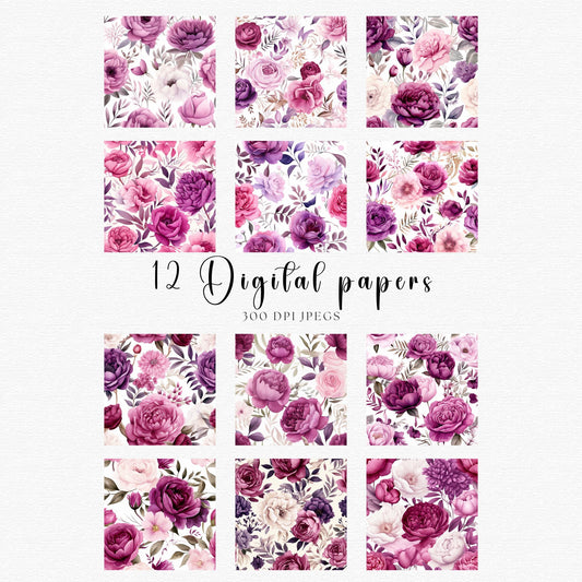 Papel digital floral de acuarela rosa oscuro y morado