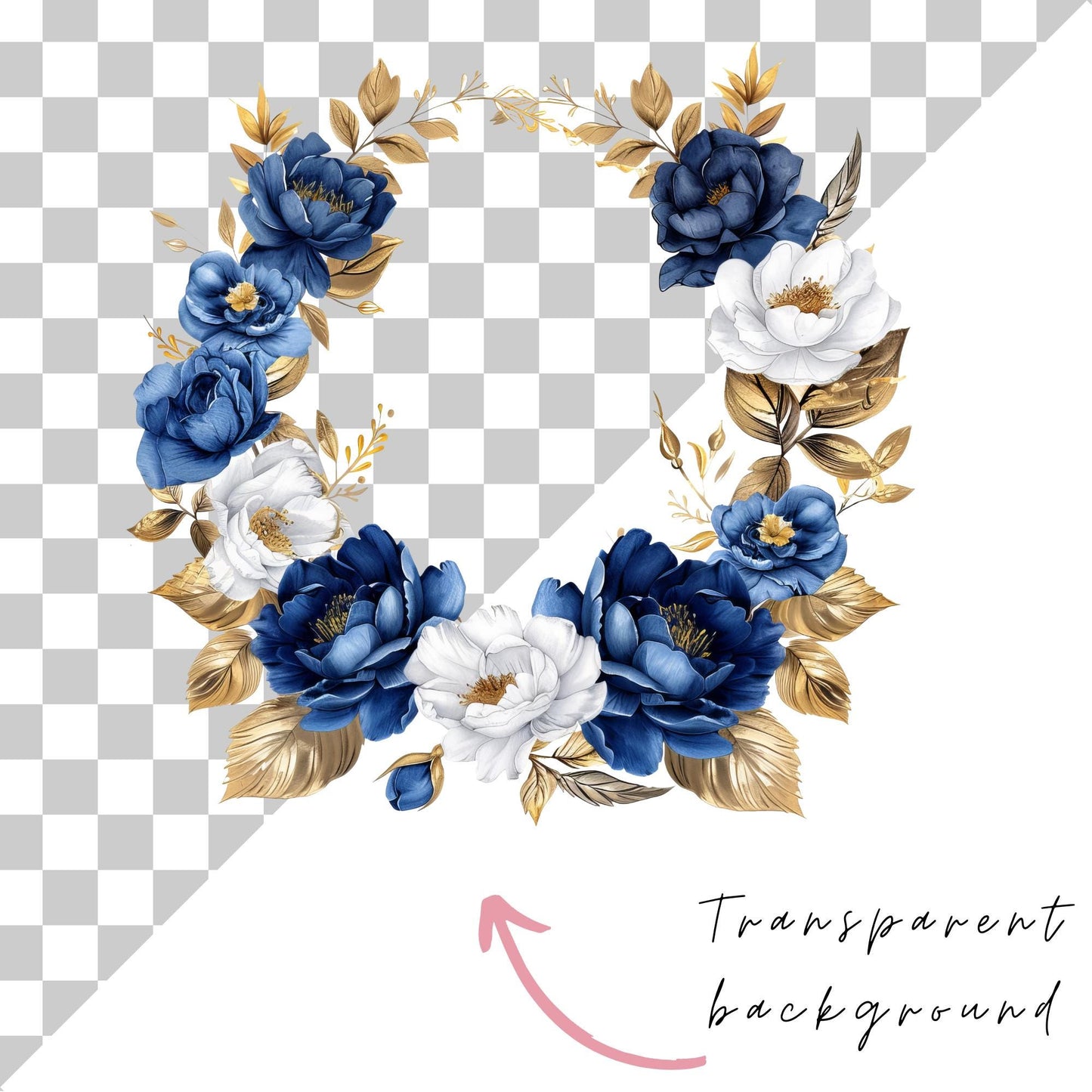 Watercolor Royal Blue Floral Wreath Clipart