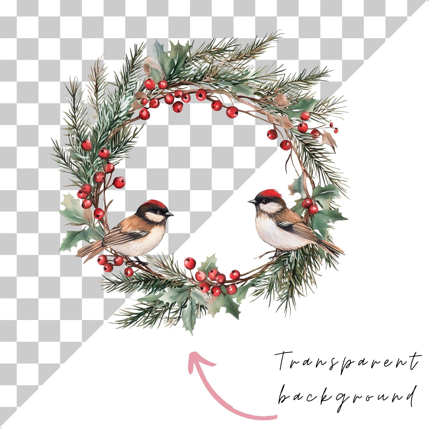 Winter Wreath with Birds Clipart Single