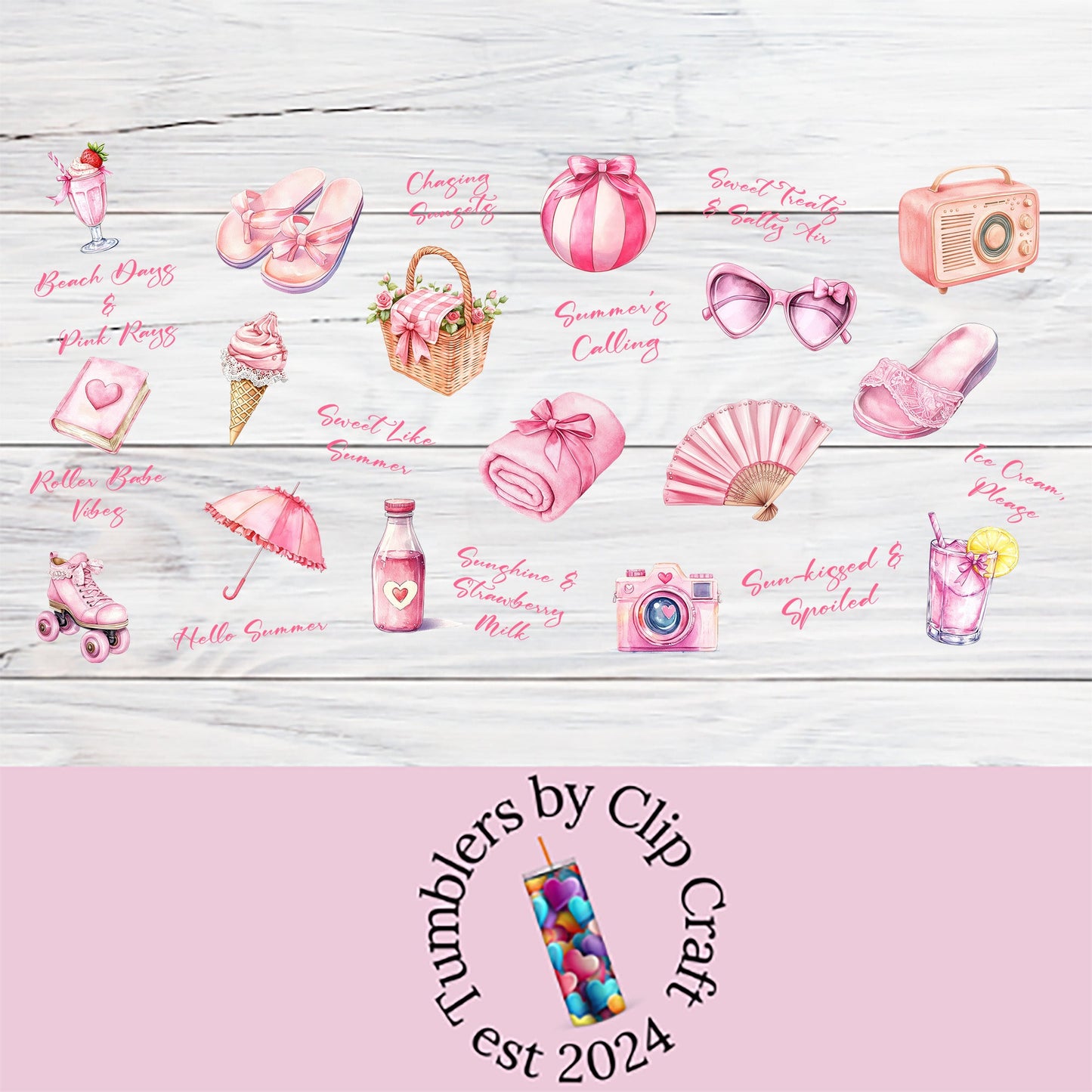 a wooden table topped with lots of pink items