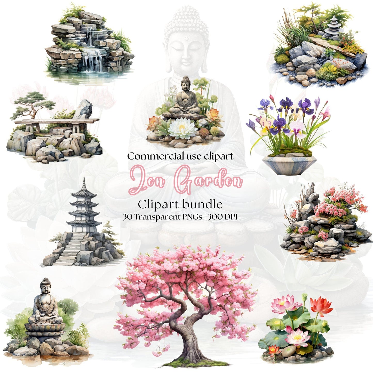 Watercolor Zen Garden Clipart