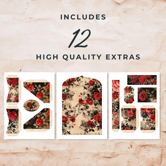 Red and Black Floral Junk Journal Folio Pocket 12 Pieces