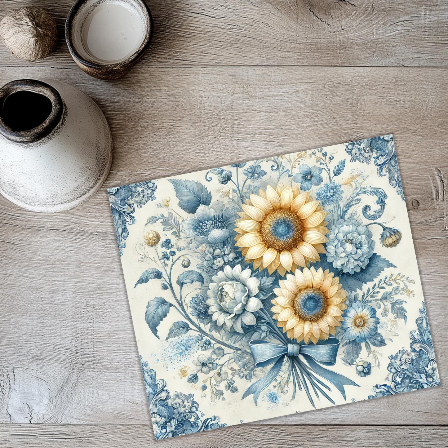 a painting of sunflowers on a blue and white background