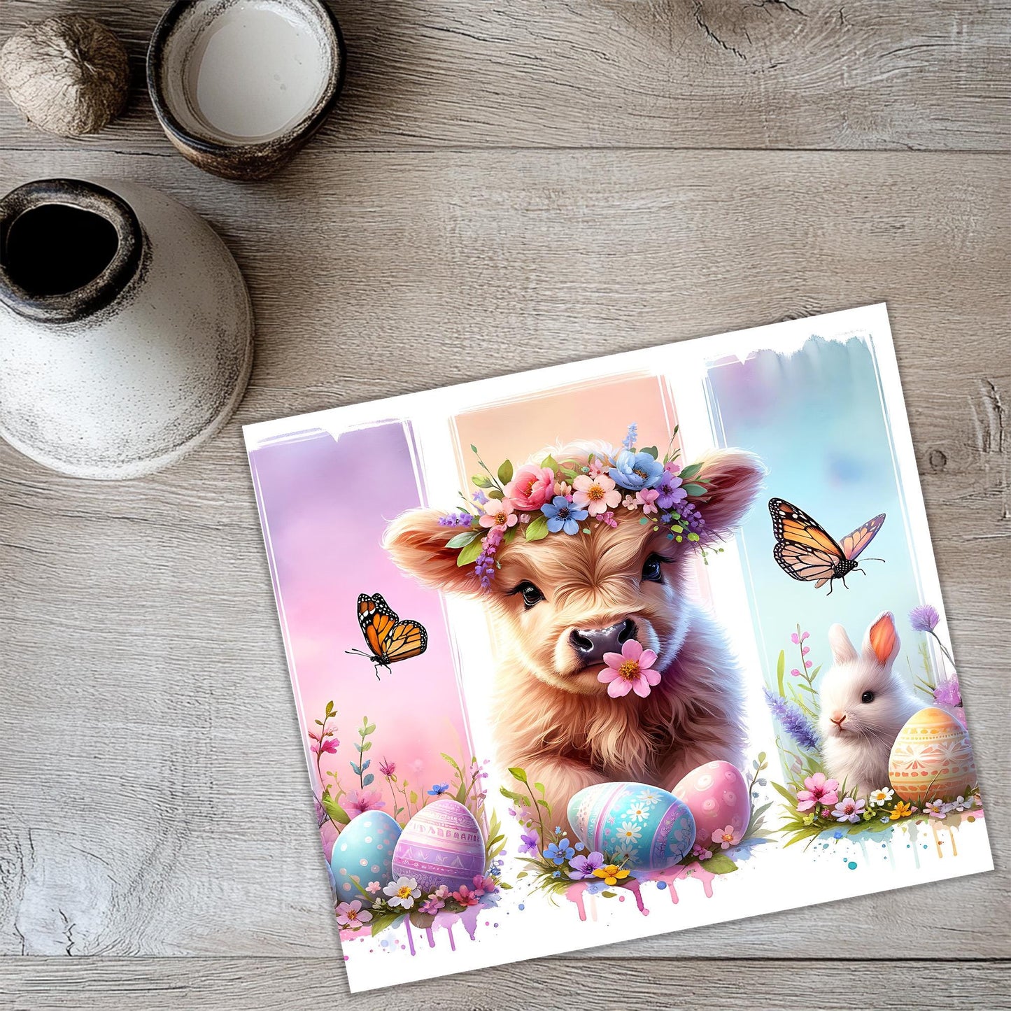 a card with a picture of a cow and a bunny