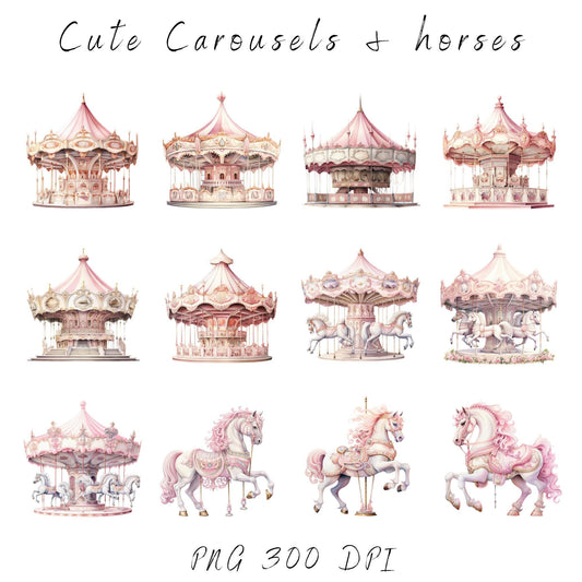 Caballo y carrusel en acuarela rosa suave