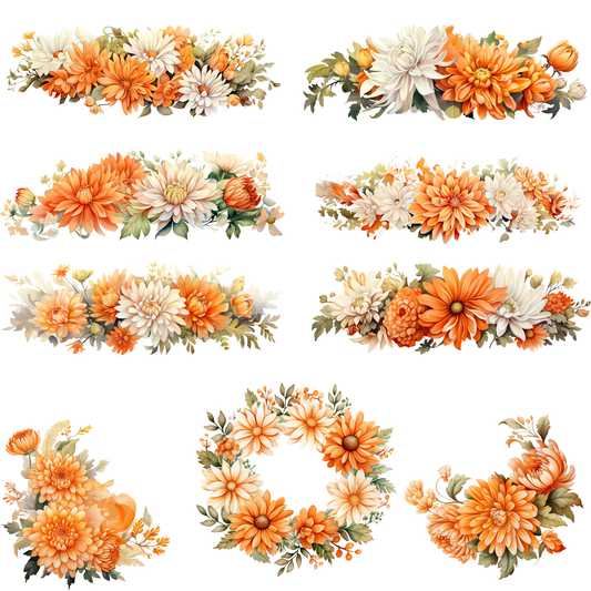 a bunch of orange and white flowers on a white background