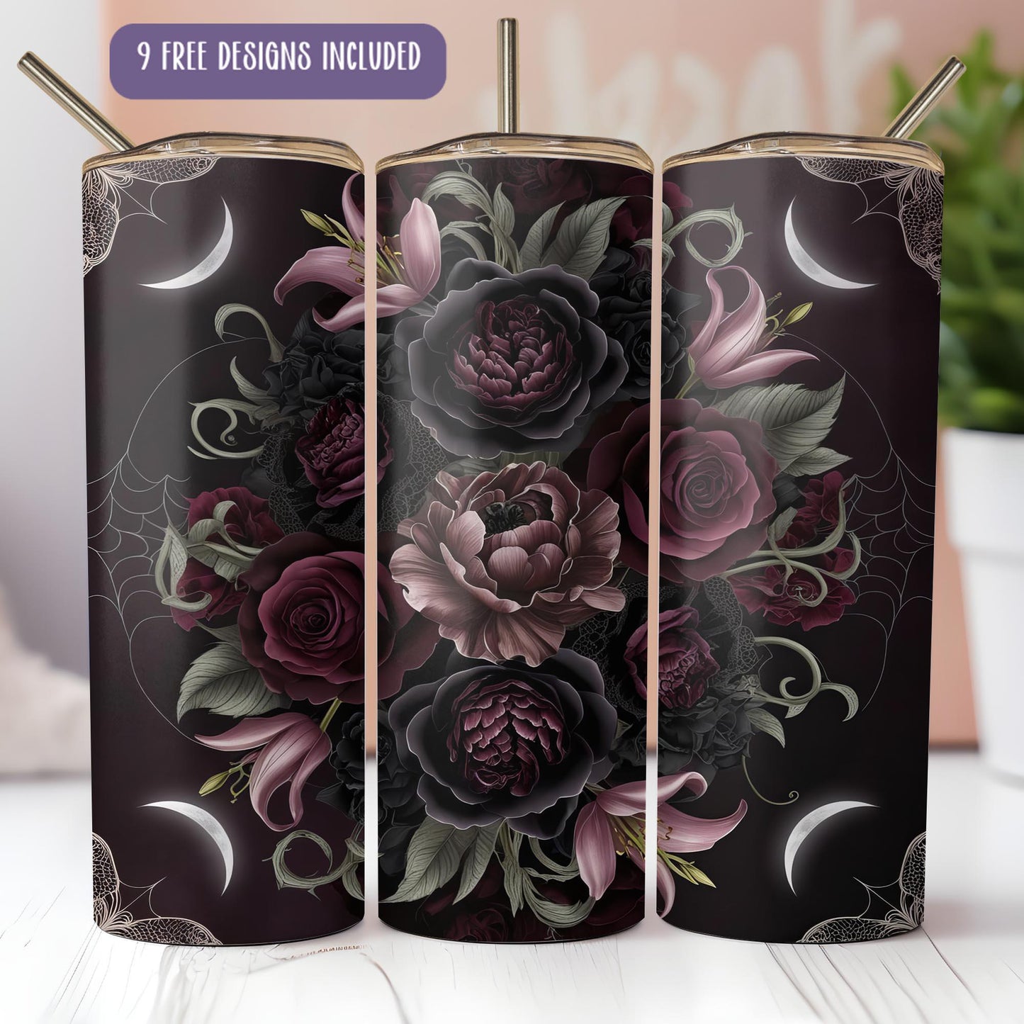 a set of three travel mugs with floral designs on them