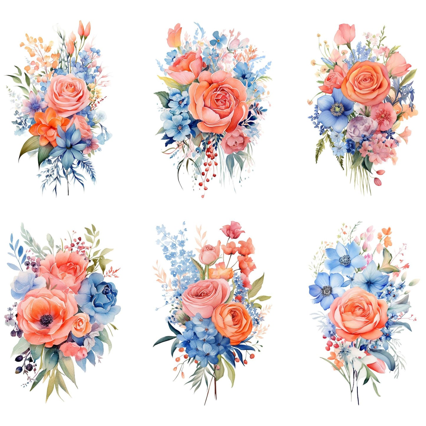Vibrant Coral and Blue Floral Clipart