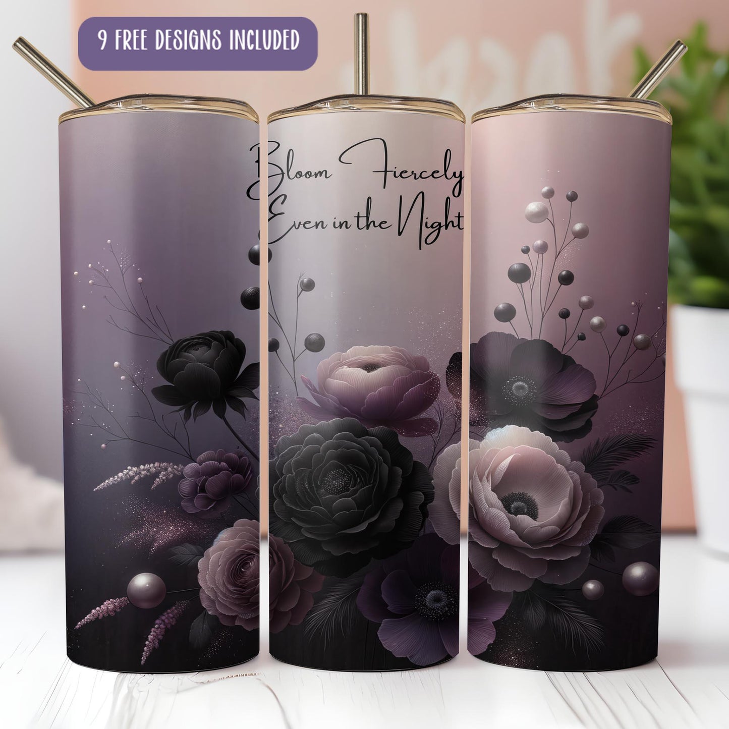 a set of three travel mugs with flowers painted on them