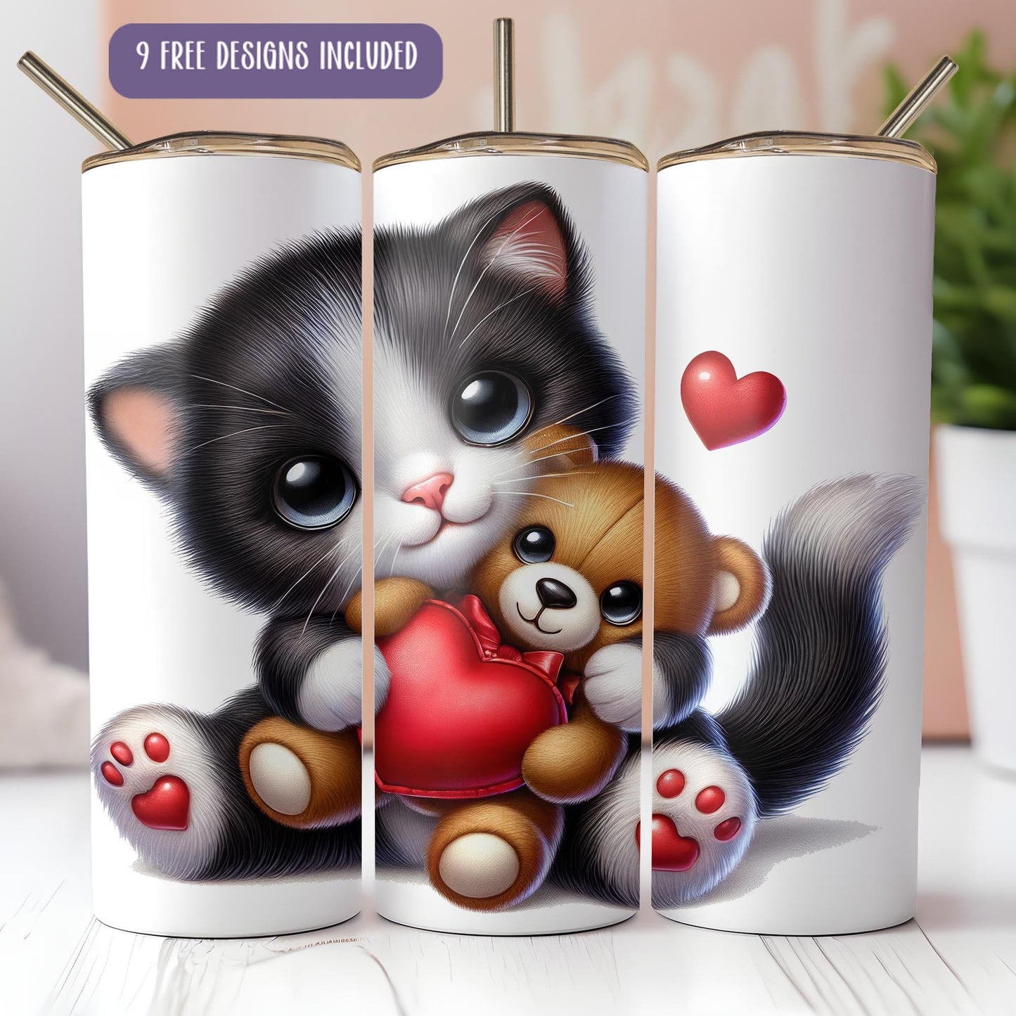 a set of three coffee cups with a kitten holding a teddy bear