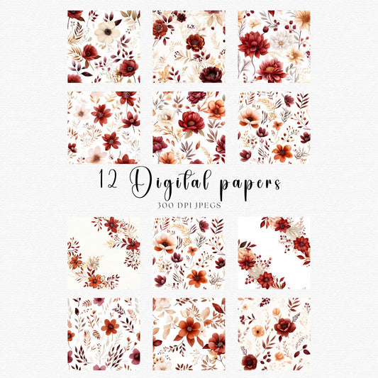 Papeles digitales florales en acuarela burdeos y óxido