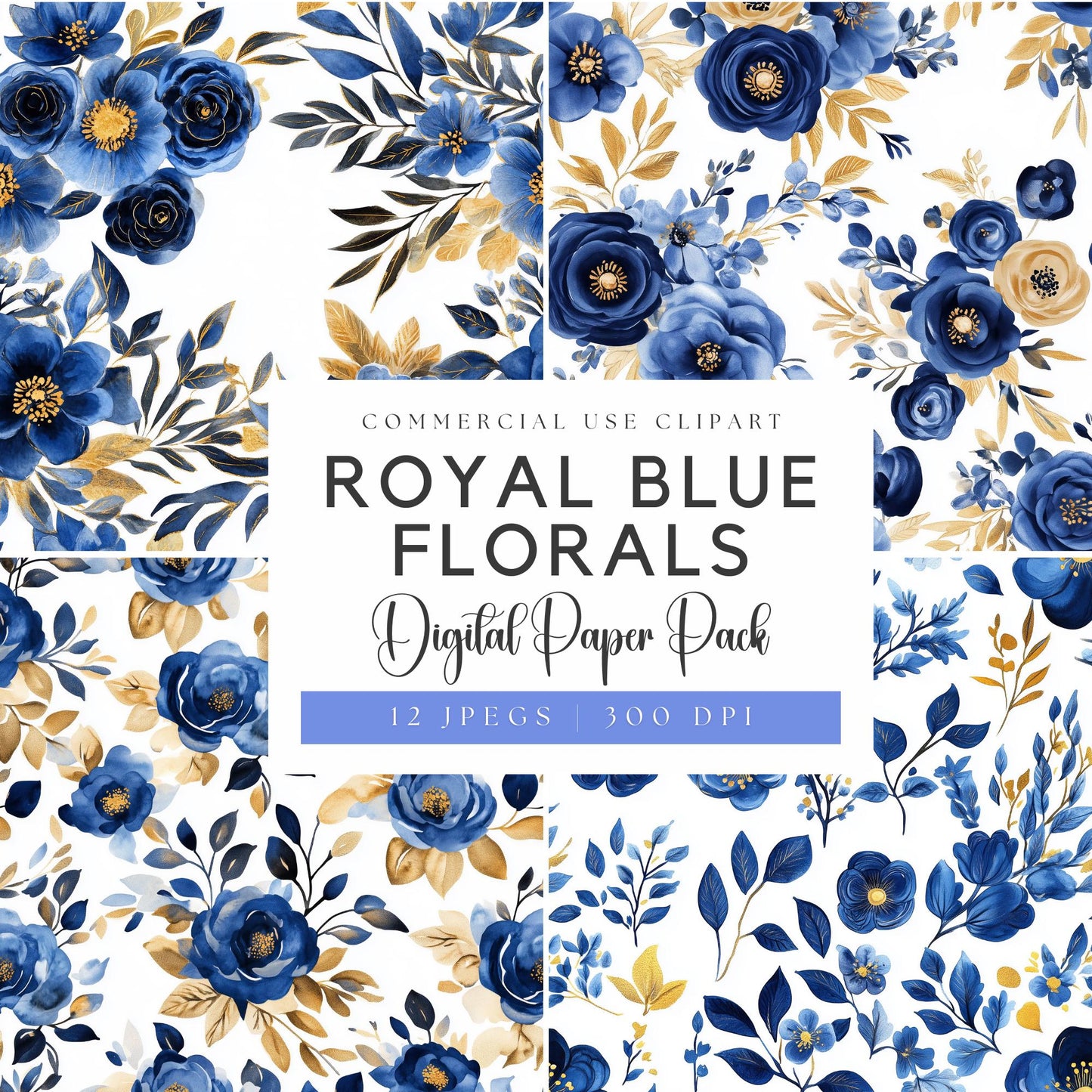 Watercolor Royal Blue Floral Clipart
