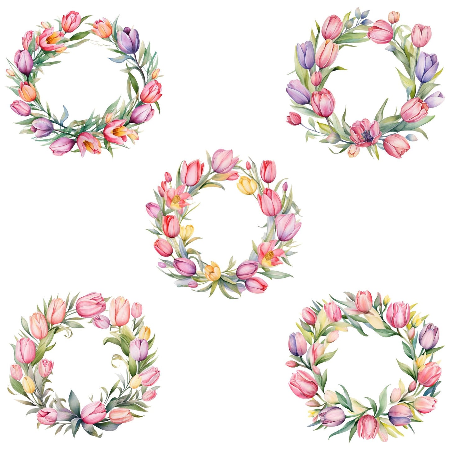 Watercolor Tulip Floral Wreath Clipart