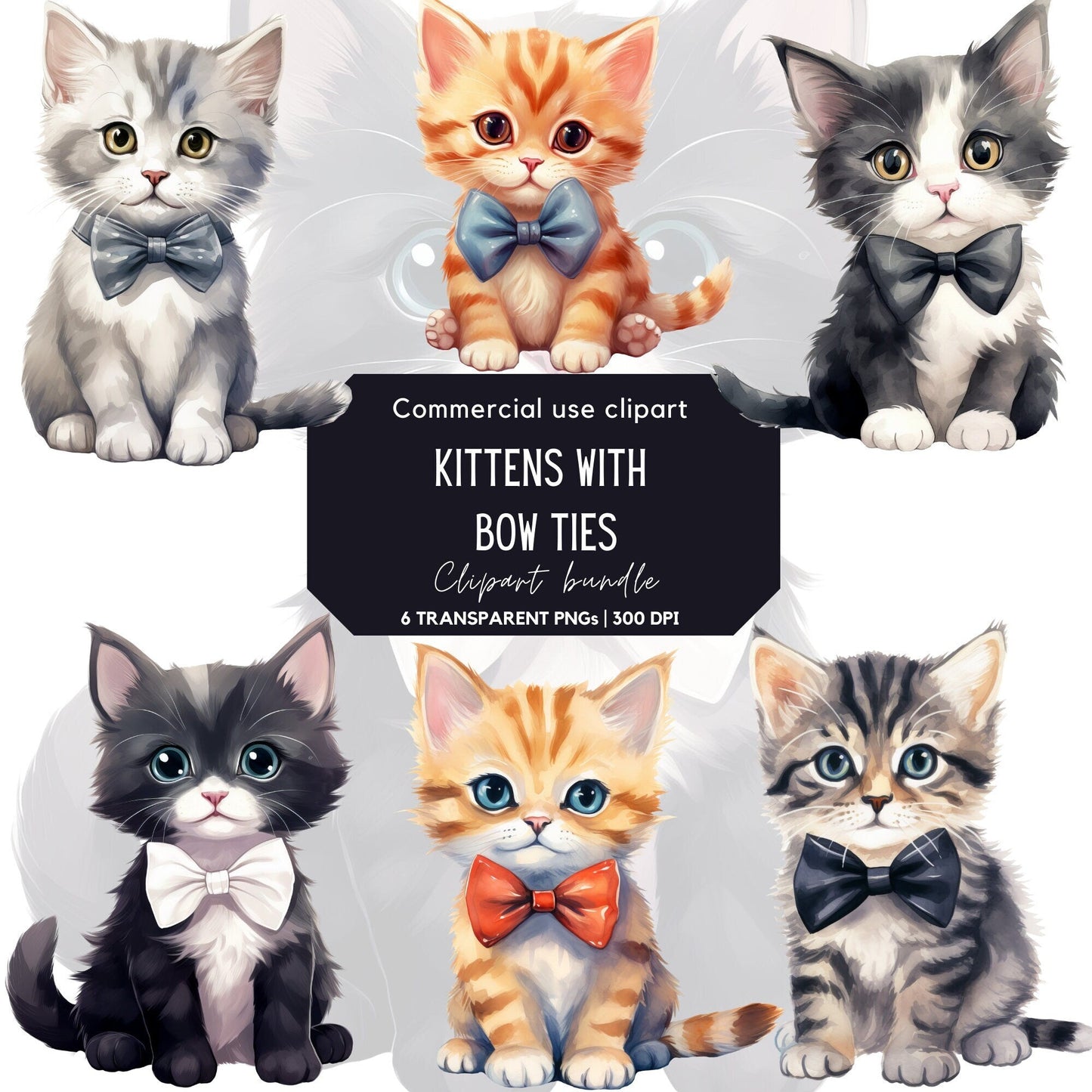 Watercolor Cute Kittens with Bow Ties Clipart