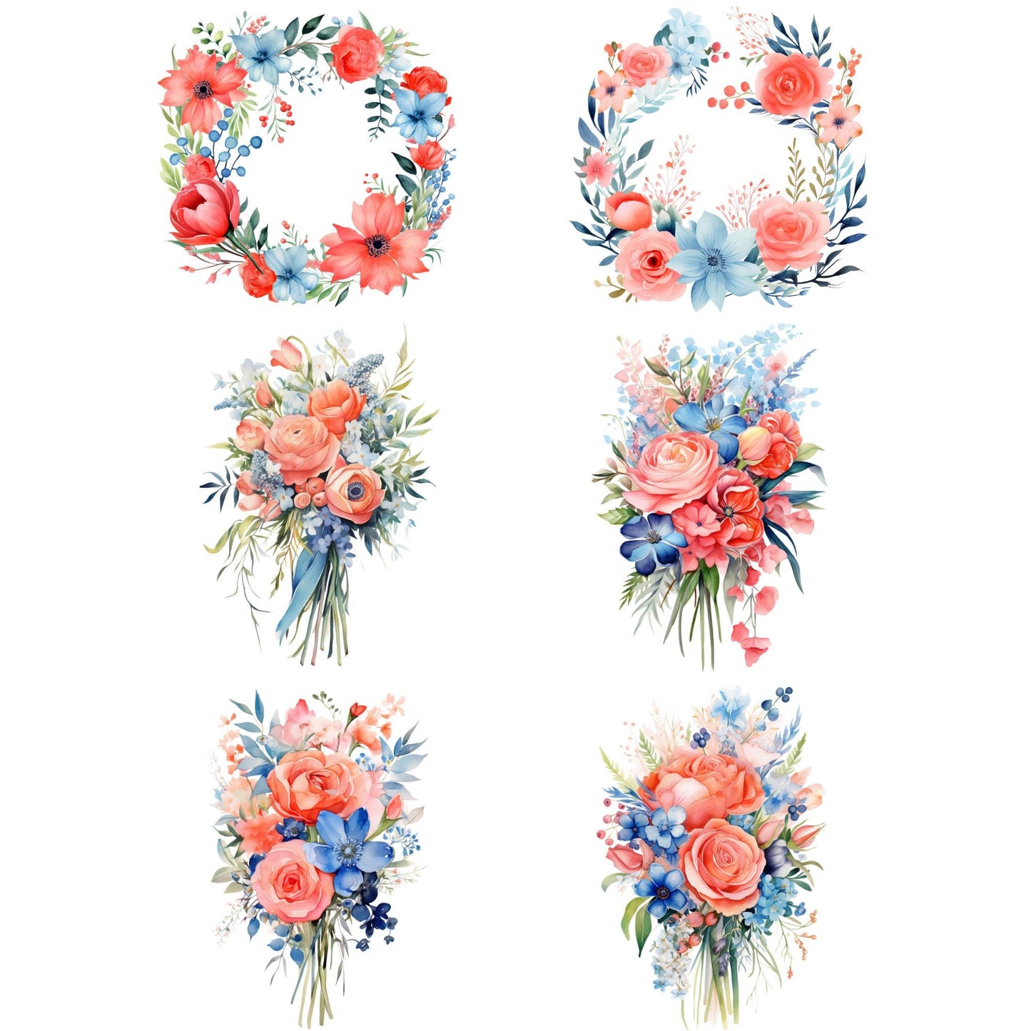 Vibrant Coral and Blue Floral Clipart