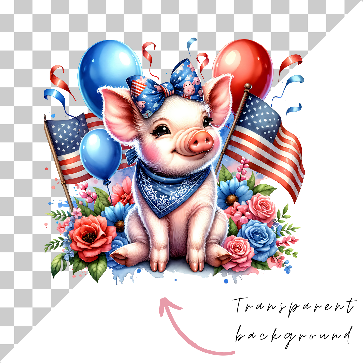 a pig with balloons and a flag on a checkered background