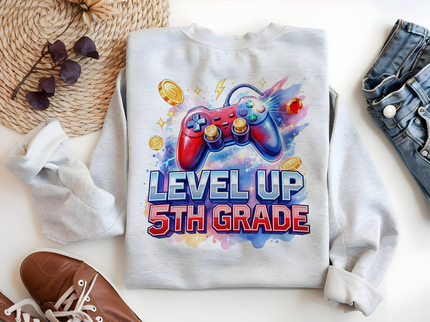 5th Grade Level Up PNG – Pixel Gamer Back to School Sublimation Design