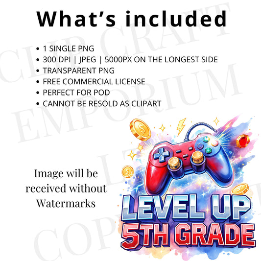 5th Grade Level Up PNG – Pixel Gamer Back to School Sublimation Design