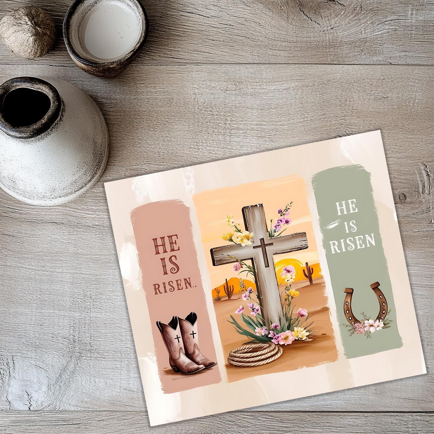 a card with a cross and a cow on it