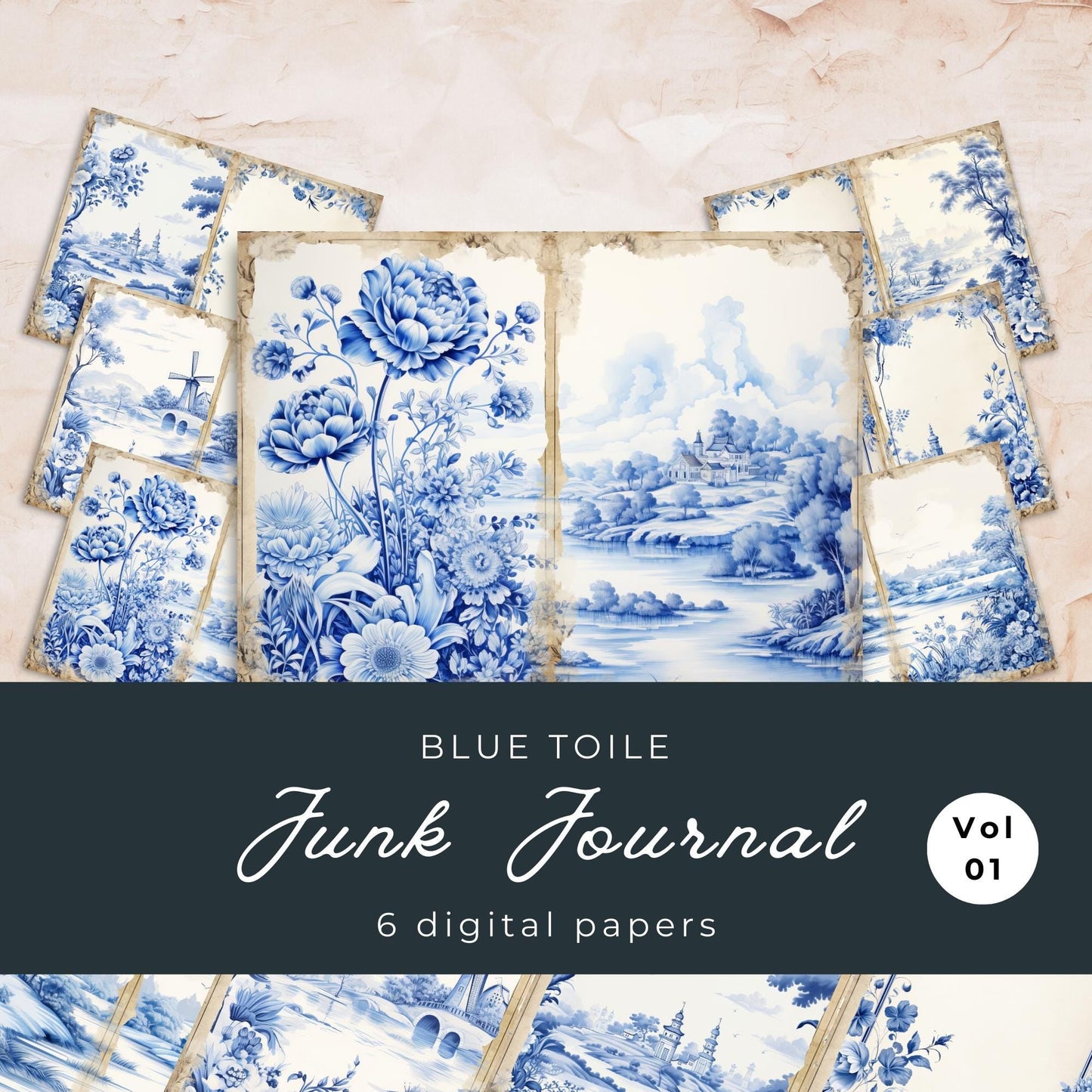 Blue Toile Junk Journal Pages