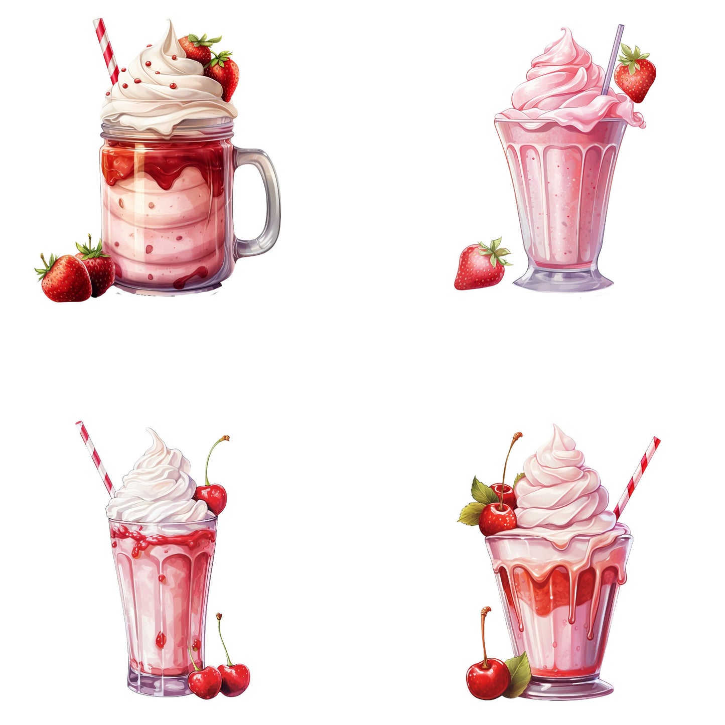 Watercolor Strawberry Milkshake Clipart