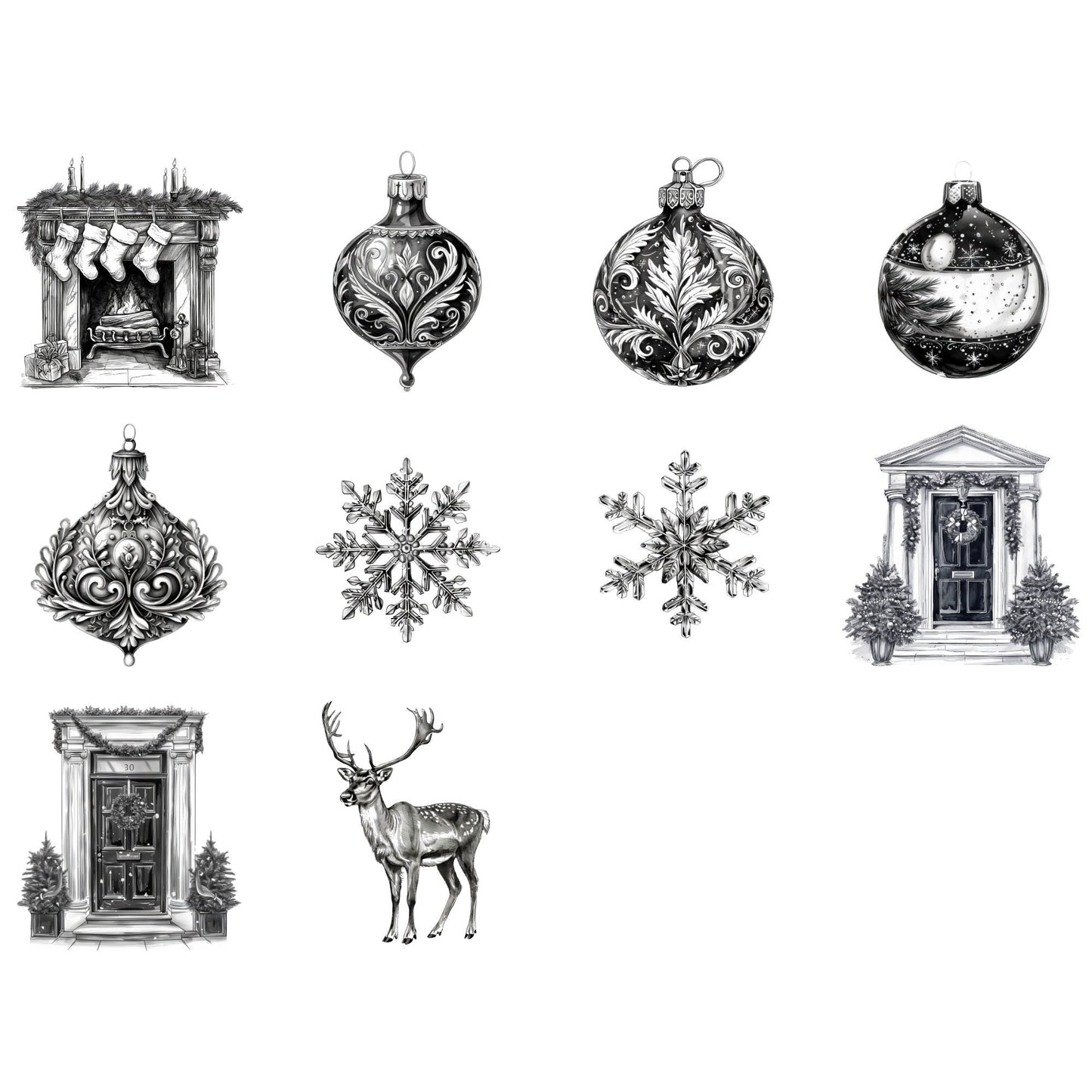 Watercolor Black and White Christmas Clipart