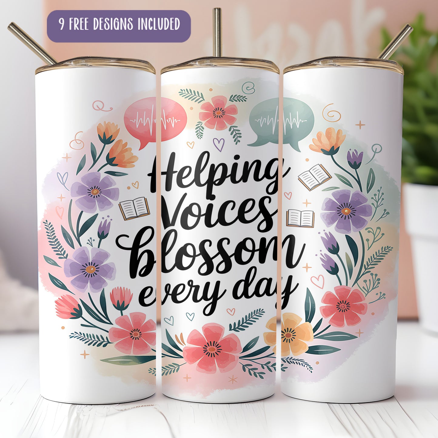 A set of three colorful tumblers with a design featuring flowers, leaves, and text that reads "Helping Voices Blossom Every Day".