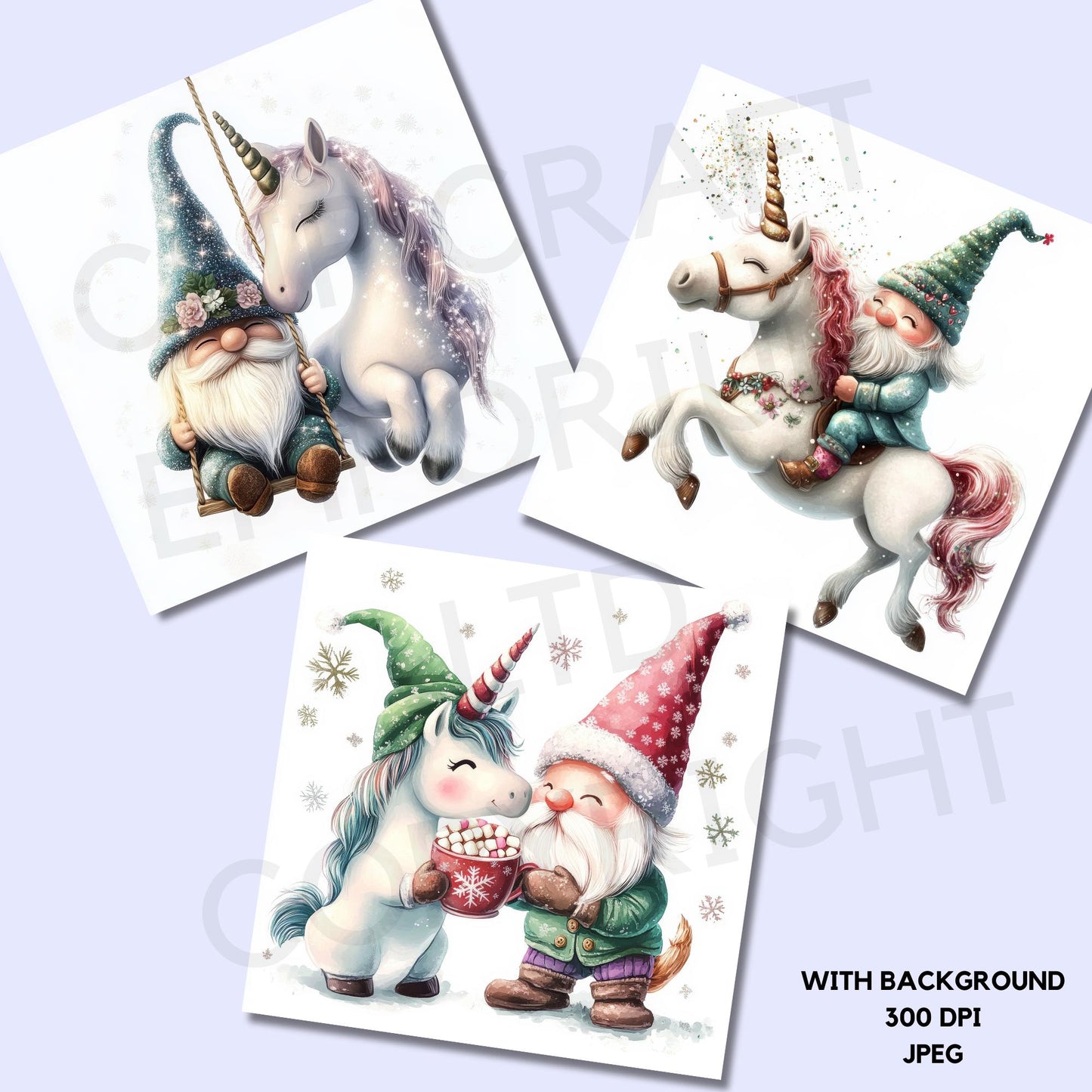 three christmas cards with unicorns and gnomes on them