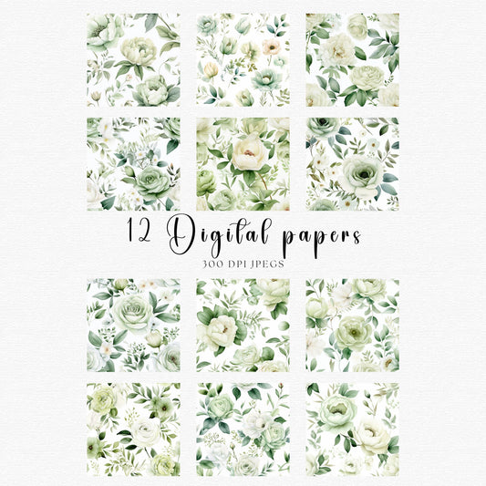 Papeles digitales de rosas y peonías verde salvia