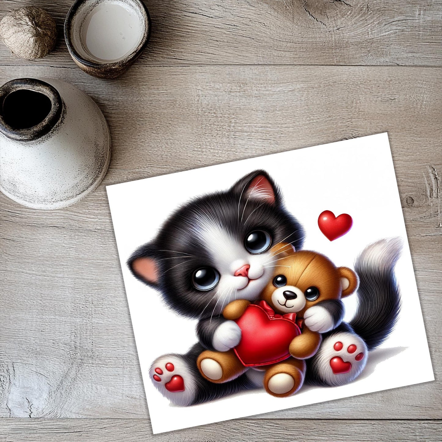 a picture of a cat holding a teddy bear