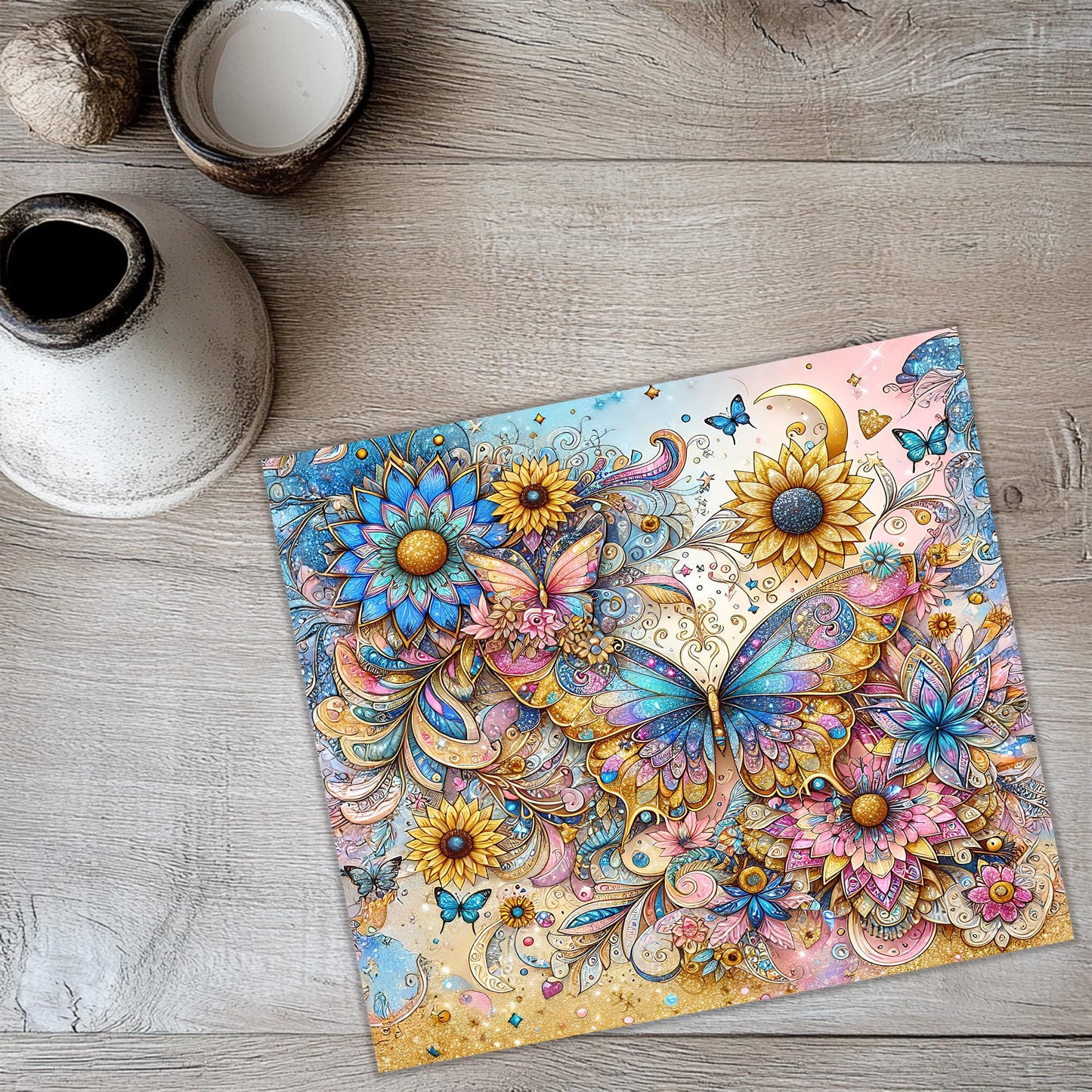 a painting of a butterfly and flowers on a table