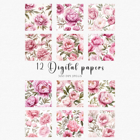 Papeles digitales de peonía rosa polvoriento con acuarela